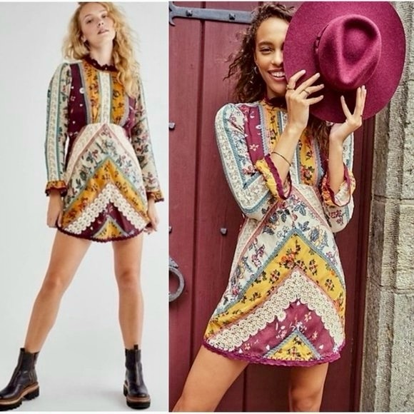 Free People Dresses & Skirts - Free People Multicolor patches lace detailed Long Sleeve mesh back Dress, sz 10